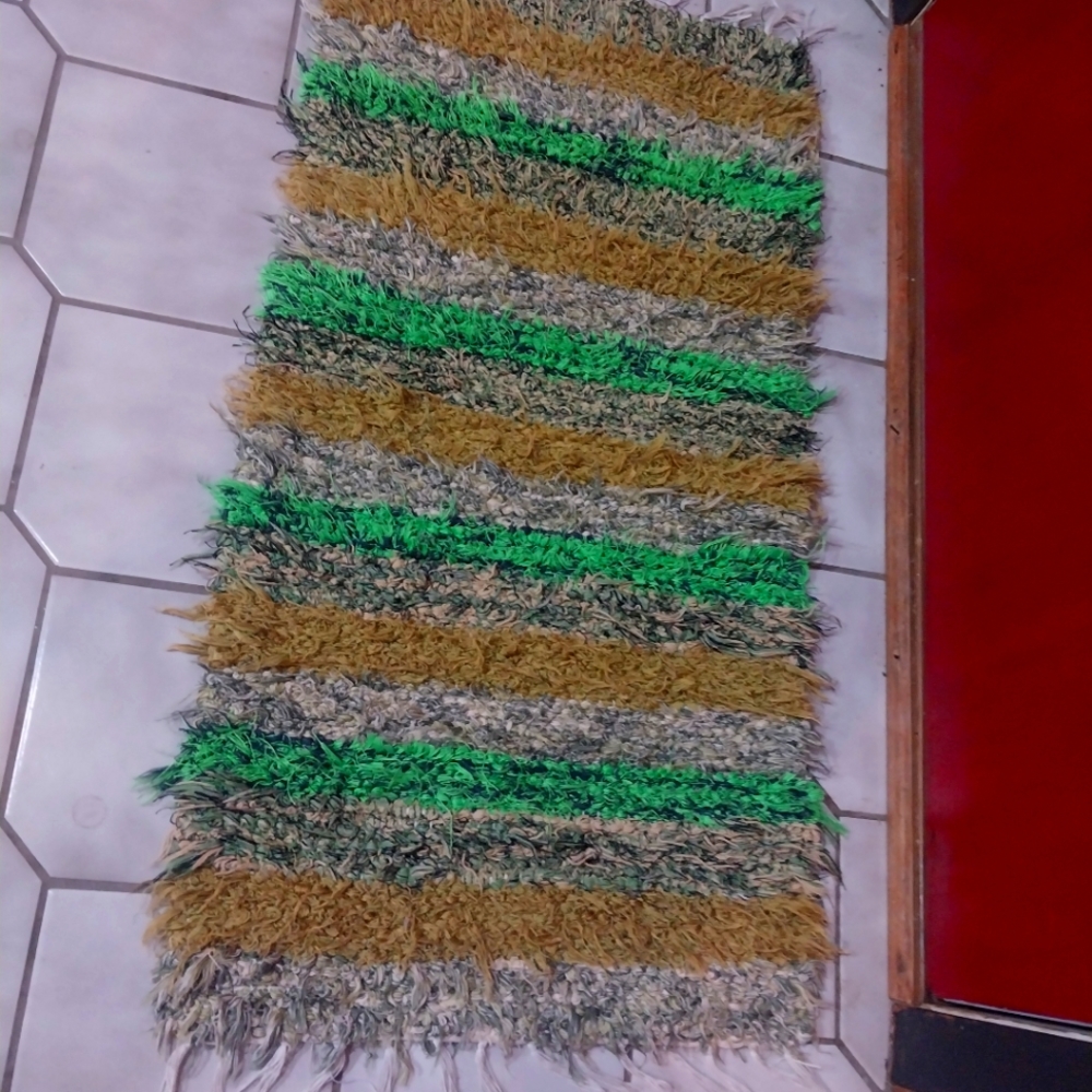 Hand Woven Throw Rug 35x18 Green Tan Black Stripe Chindi Rag Reversible Fringe